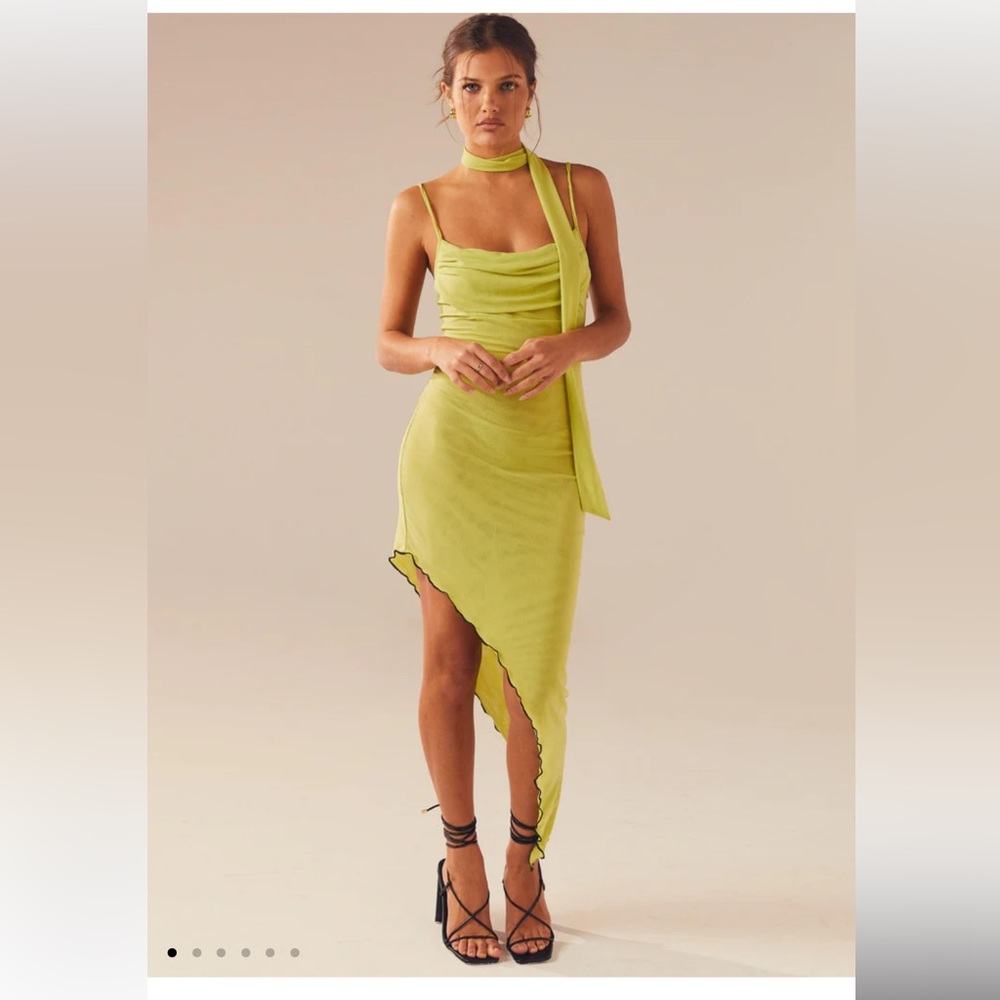 Elegant Lime Green Asymmetrical Dress with Neck Scarf